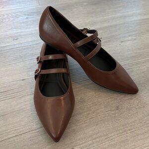 Brown Double Strap Pointed Toe Mary Jane Women's Flats